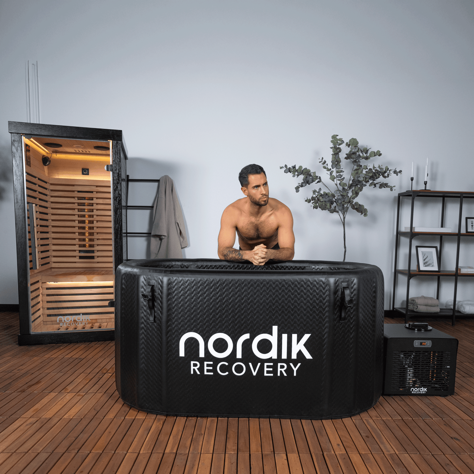 Sauna and cold plunge set up side by side for contrast therapy