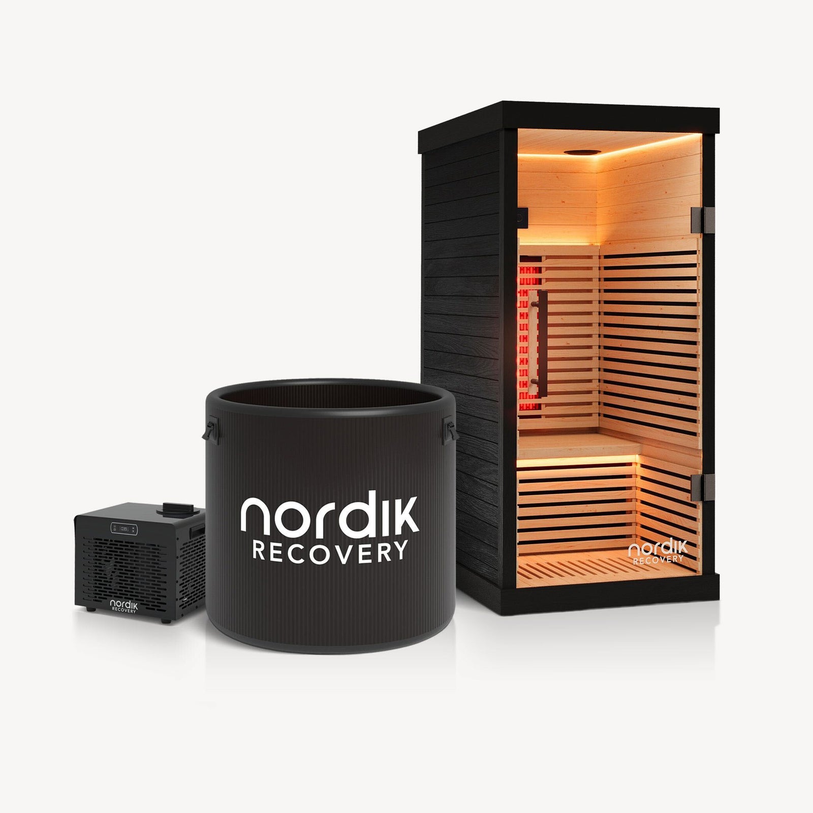 Water bottle and electrolyte drink beside a home sauna