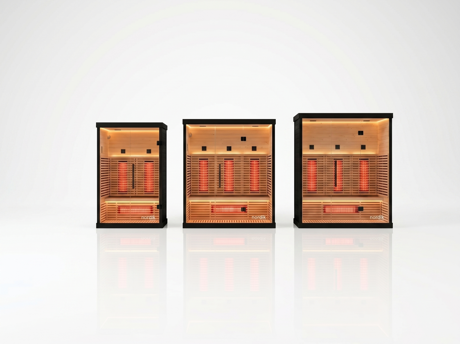 Nordik Recovery infrared sauna lineup — 1, 2 and 3-person models in Canadian Hemlock