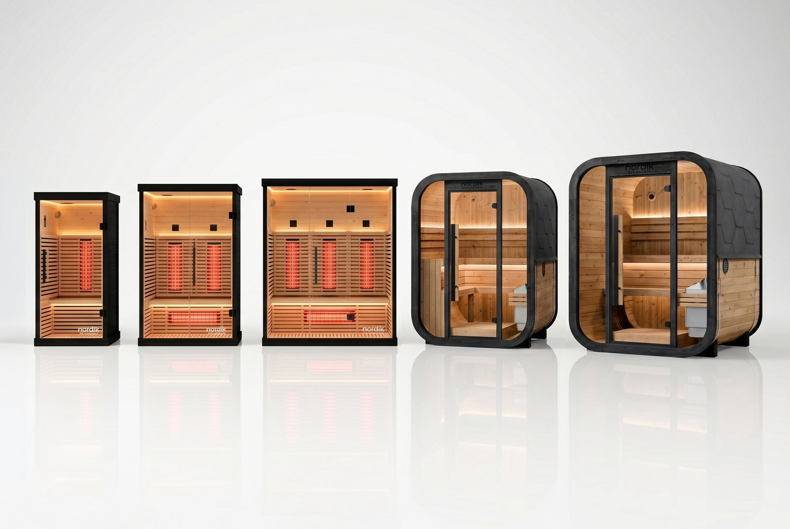 Nordik Recovery infrared sauna lineup — 1, 2 and 3-person models
