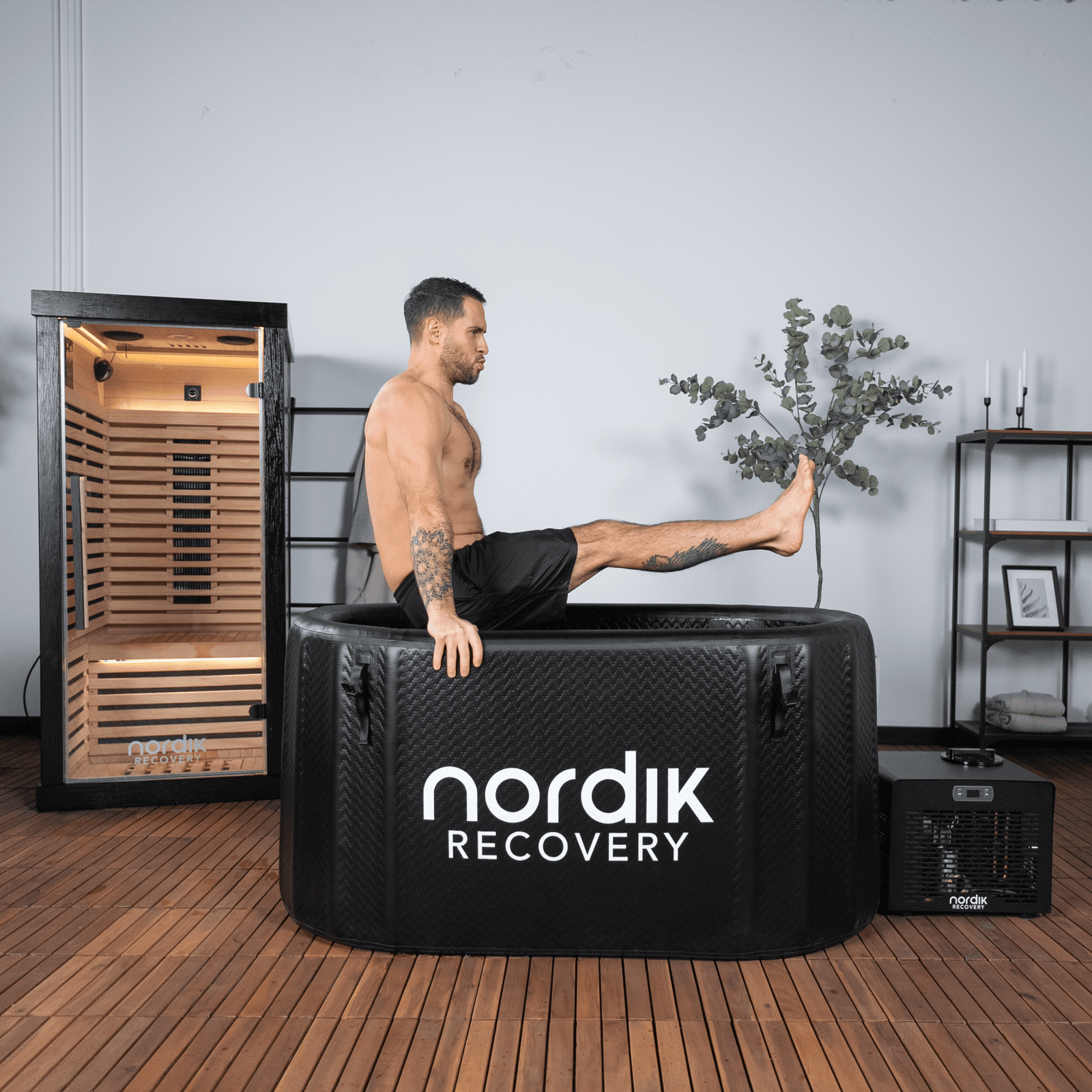 Athlete moving from a sauna into a cold plunge