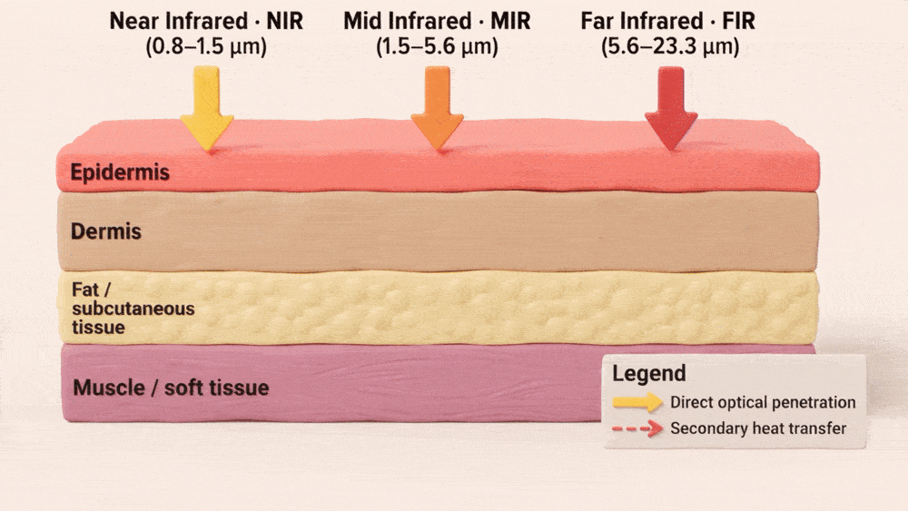 How near, mid, and far infrared penetrate to different depths of skin, fat, and muscle