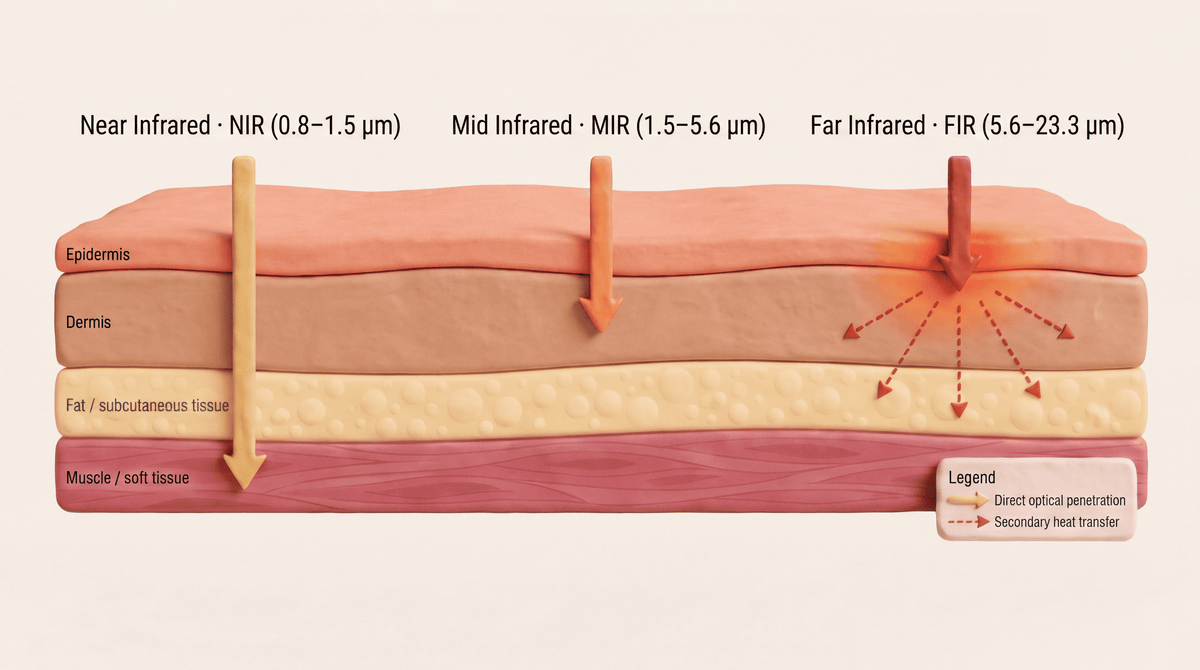 How near, mid, and far infrared penetrate to different depths of skin, fat, and muscle